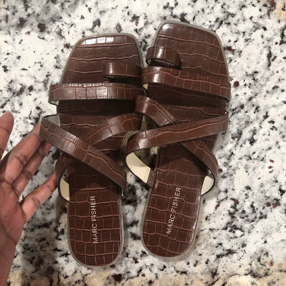 Marc Fisher Croco Embossed Square Toe Sandals - Arena